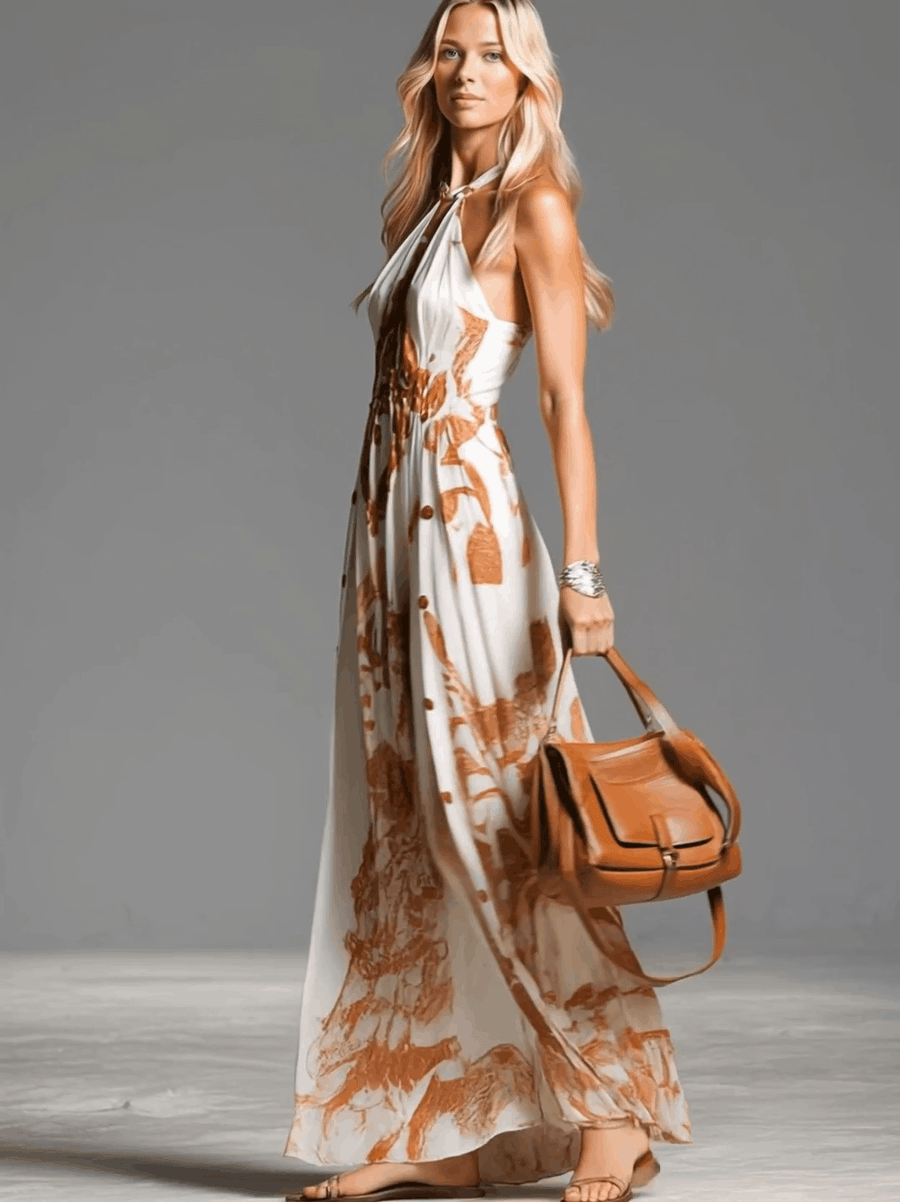 Bea | Vestido largo bohemio vintage con escote halter y abertura - RivenaModa 