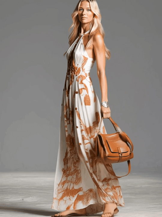 Bea | Vestido largo bohemio vintage con escote halter y abertura - RivenaModa 