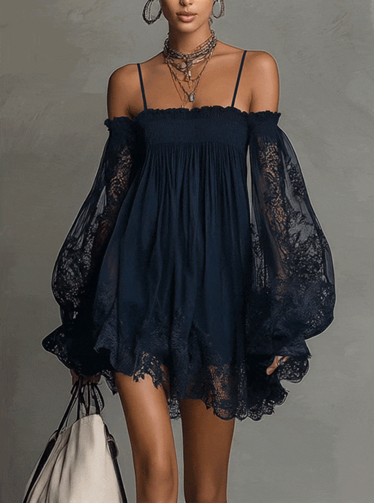 Noemi | Vestido mini en chiffon azul navy con hombros descubiertos y encaje - RivenaModa 