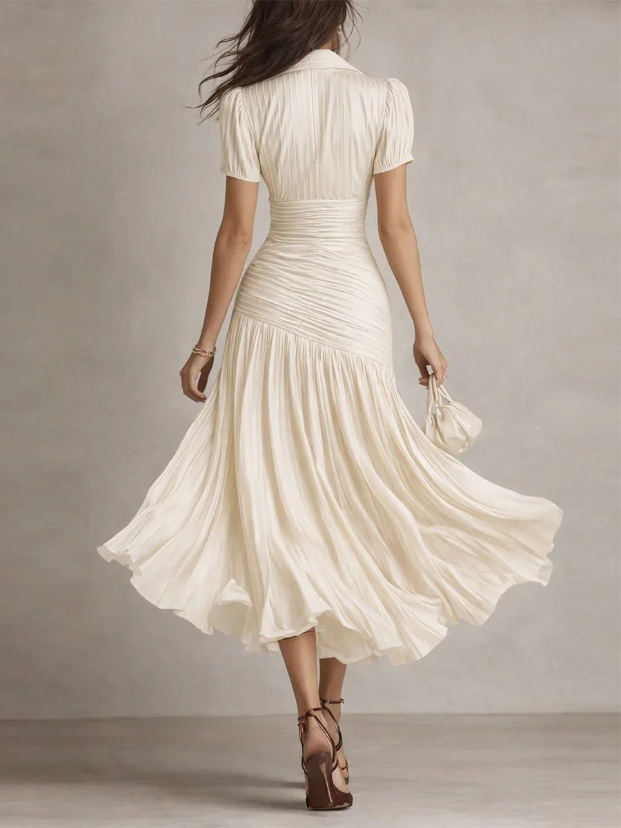 Adriana | Vestido midi satinado de rayas retro - RivenaModa