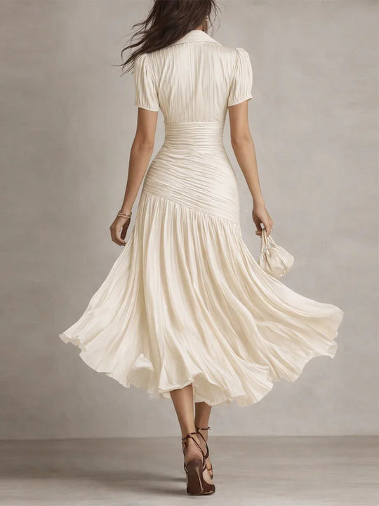 Adriana | Vestido midi satinado de rayas retro - RivenaModa