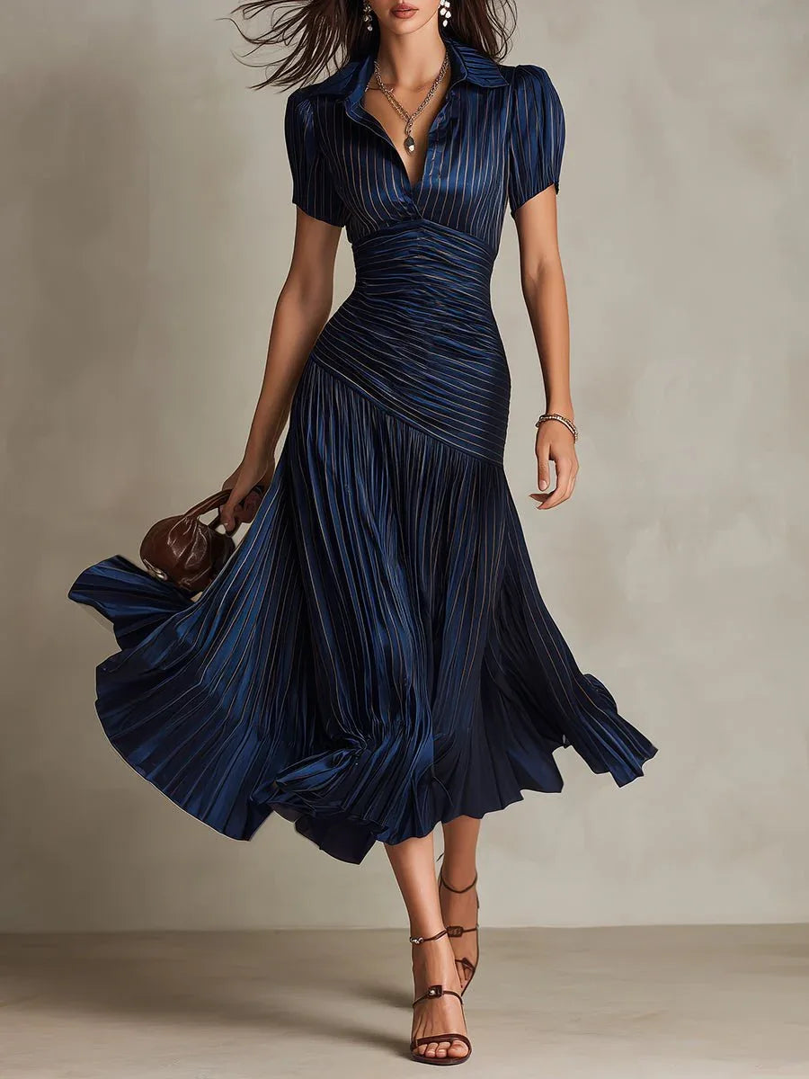 Adriana | Vestido midi satinado de rayas retro - RivenaModa
