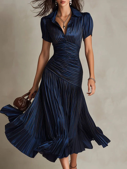 Adriana | Vestido midi satinado de rayas retro - RivenaModa