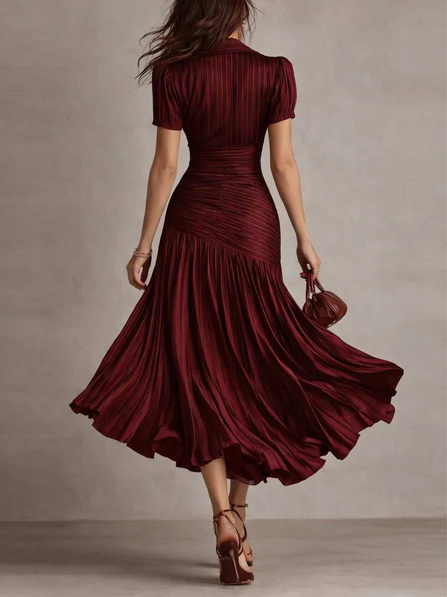 Adriana | Vestido midi satinado de rayas retro - RivenaModa