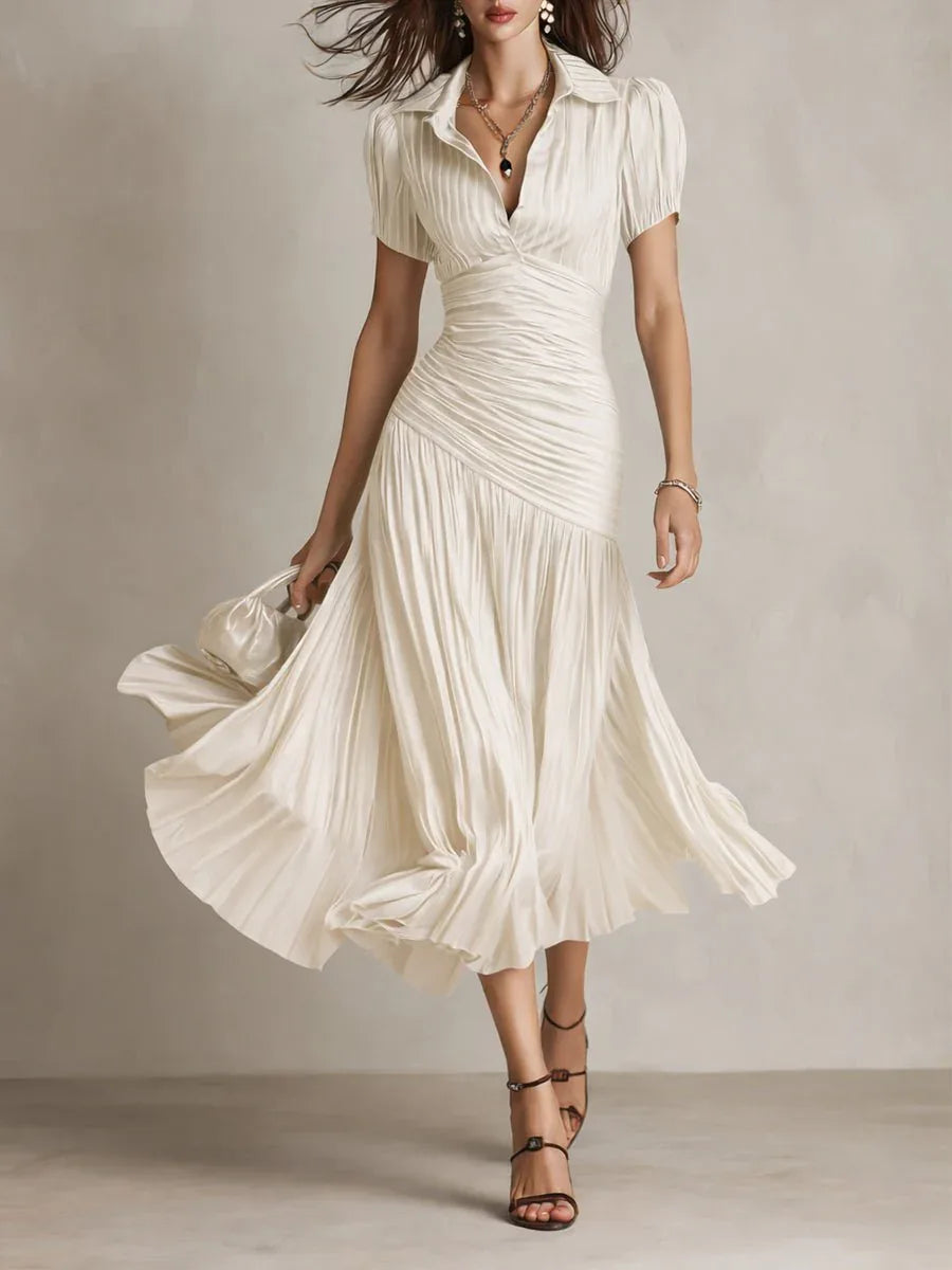 Adriana | Vestido midi satinado de rayas retro - RivenaModa