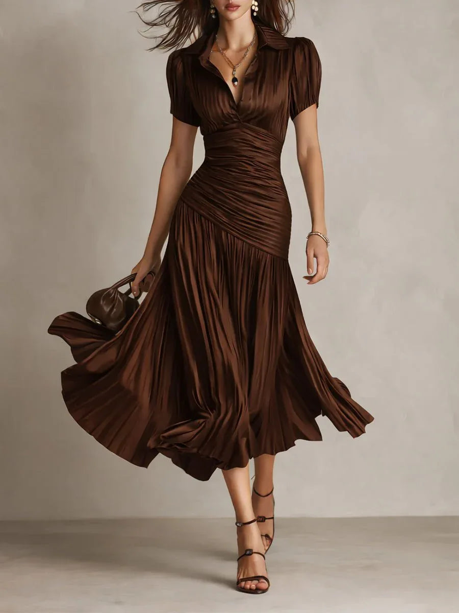 Adriana | Vestido midi satinado de rayas retro - RivenaModa