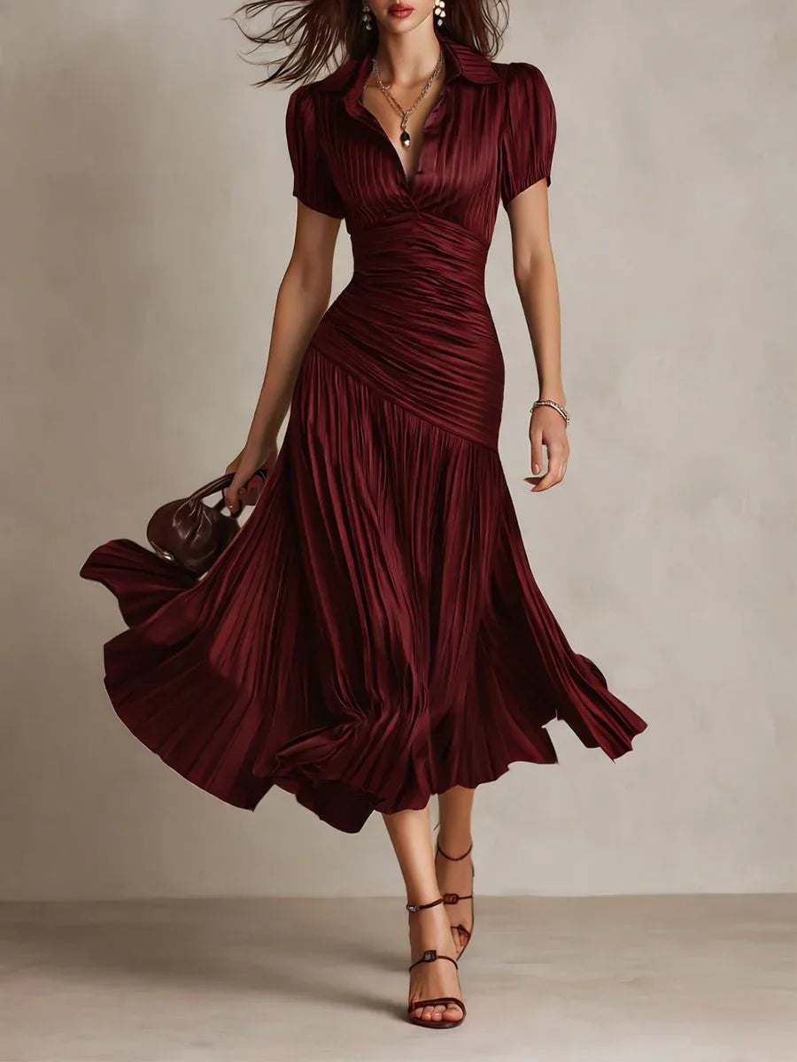 Adriana | Vestido midi satinado de rayas retro - RivenaModa