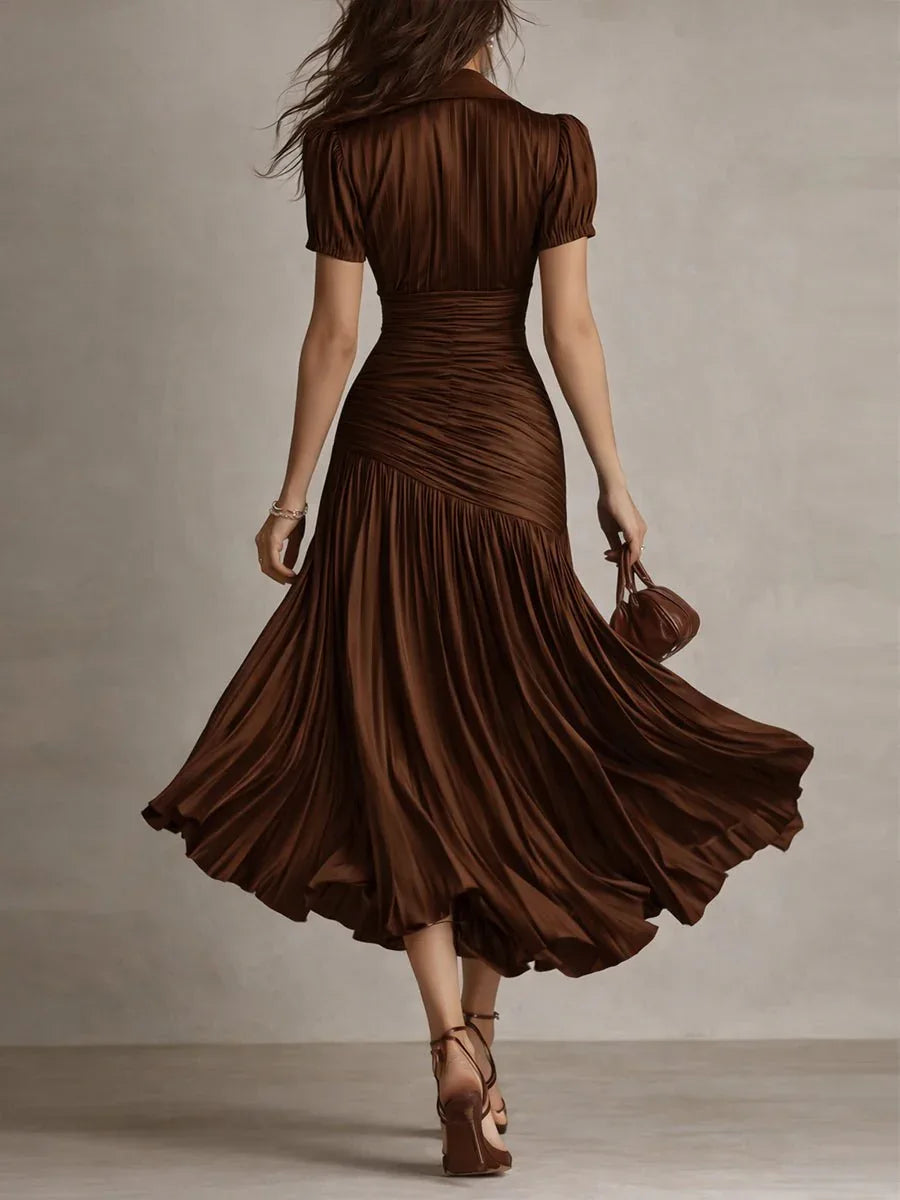 Adriana | Vestido midi satinado de rayas retro - RivenaModa