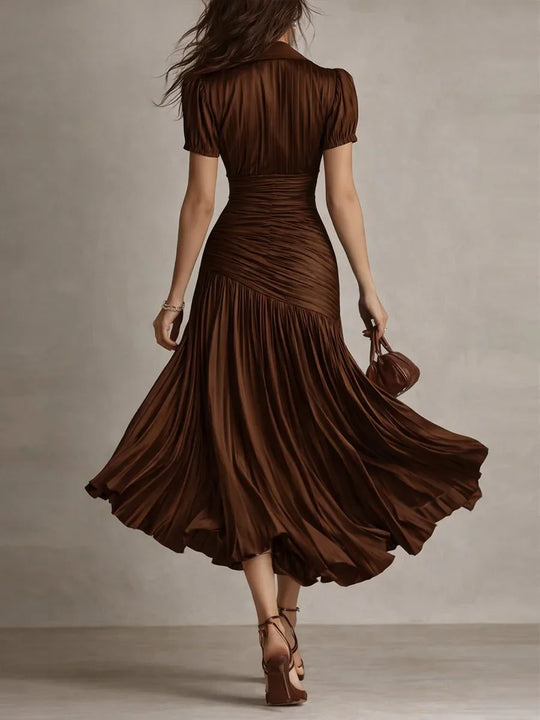 Adriana | Vestido midi satinado de rayas retro - RivenaModa