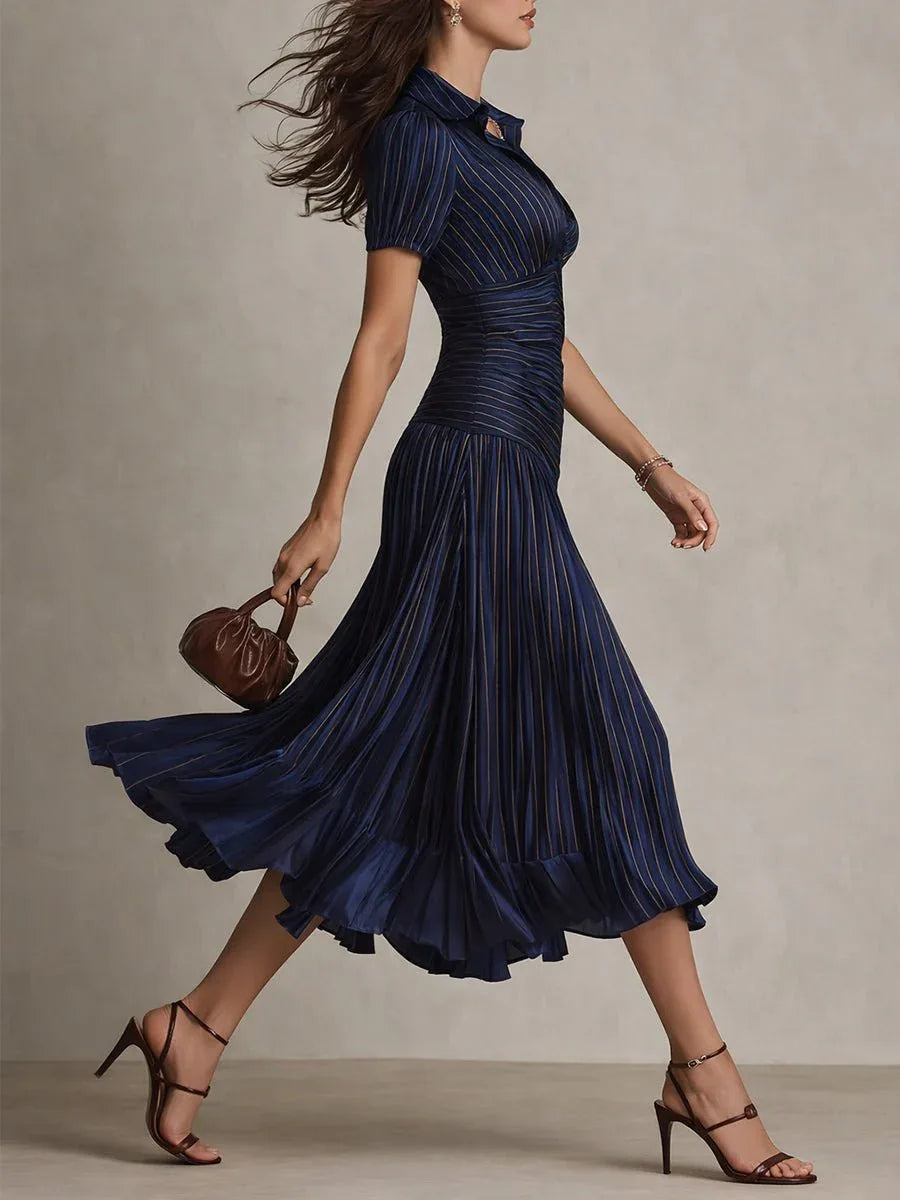 Adriana | Vestido midi satinado de rayas retro - RivenaModa
