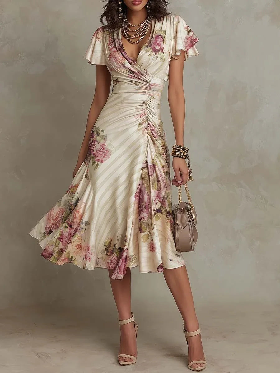 Alba | Vestido midi satinado floral elegante estilo retro - RivenaModa