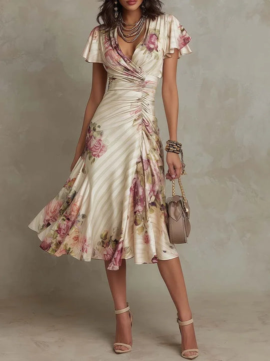 Alba | Vestido midi satinado floral elegante estilo retro - RivenaModa