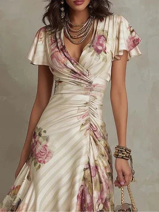 Alba | Vestido midi satinado floral elegante estilo retro - RivenaModa