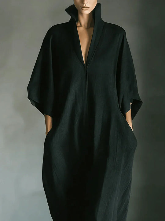 Alejandra | Vestido largo negro oversize minimalista con mangas kimono - RivenaModa