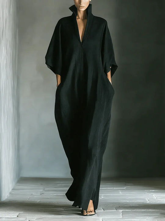 Alejandra | Vestido largo negro oversize minimalista con mangas kimono - RivenaModa