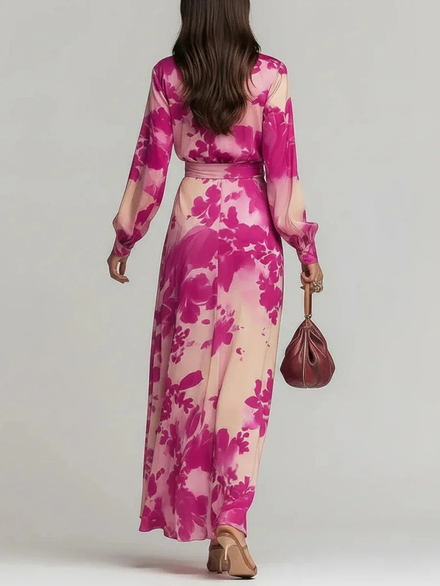 Ariadna | Vestido largo floral rojo con escote en V y cintura definida - RivenaModa