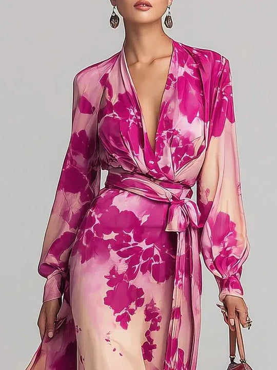 Ariadna | Vestido largo floral rojo con escote en V y cintura definida - RivenaModa