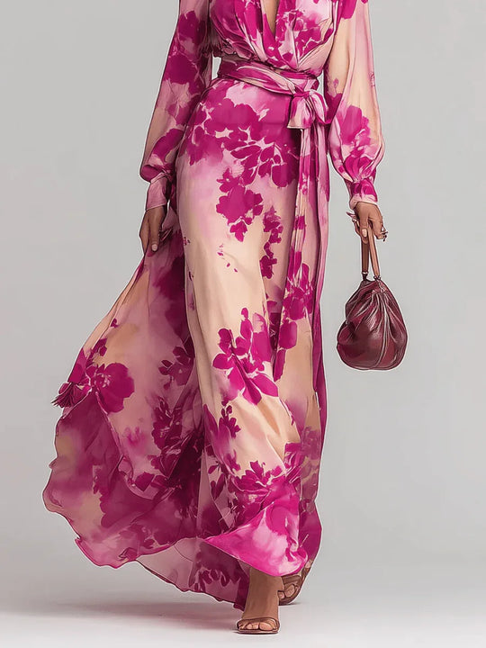Ariadna | Vestido largo floral rojo con escote en V y cintura definida - RivenaModa