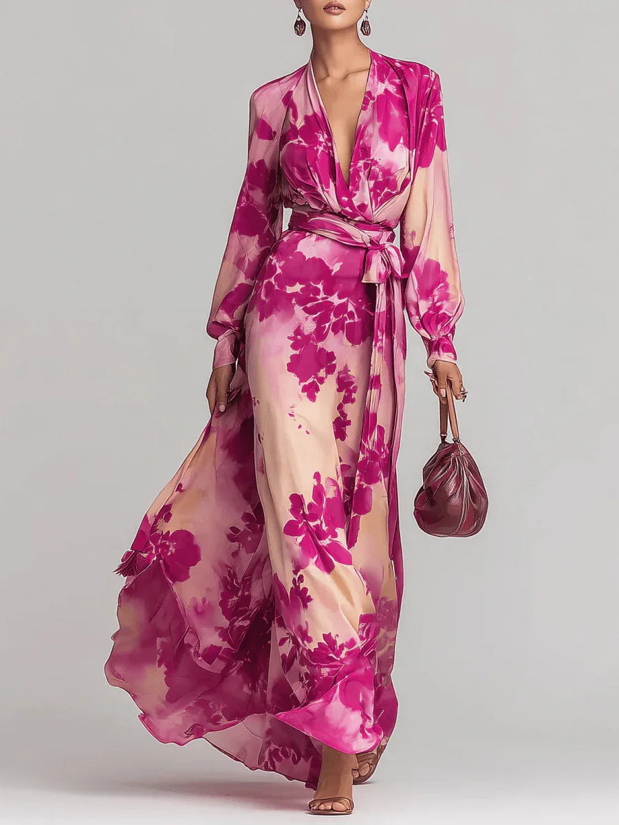 Ariadna | Vestido largo floral rojo con escote en V y cintura definida - RivenaModa