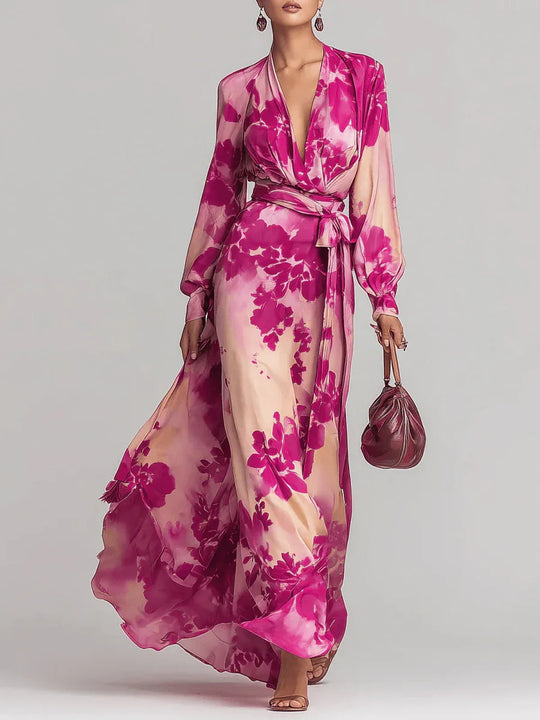 Ariadna | Vestido largo floral rojo con escote en V y cintura definida - RivenaModa