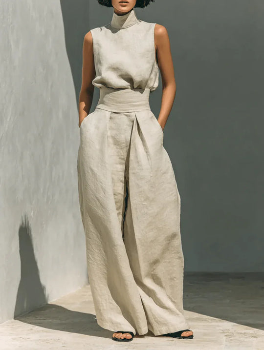 Aurora | Conjunto beige de dos piezas en algodón - lino con pantalón de pierna ancha - RivenaModa