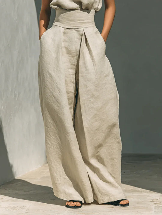 Aurora | Conjunto beige de dos piezas en algodón - lino con pantalón de pierna ancha - RivenaModa