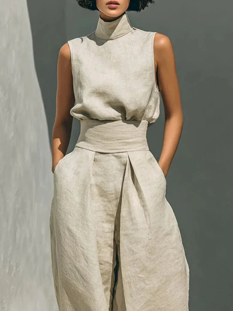 Aurora | Conjunto beige de dos piezas en algodón - lino con pantalón de pierna ancha - RivenaModa