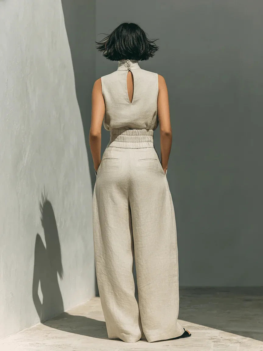 Aurora | Conjunto beige de dos piezas en algodón - lino con pantalón de pierna ancha - RivenaModa