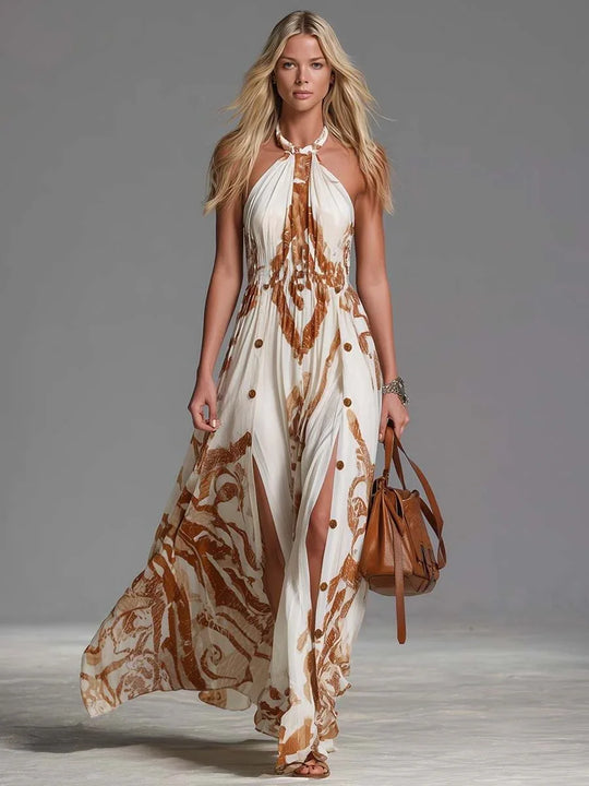 Bea | Vestido largo bohemio vintage con escote halter y abertura - RivenaModa