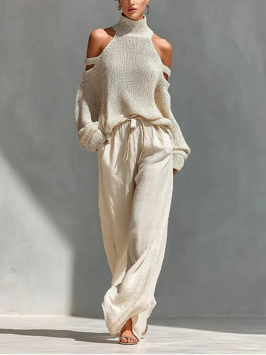 Camila | Conjunto elegante en punto y lino con pantalón amplio - RivenaModa