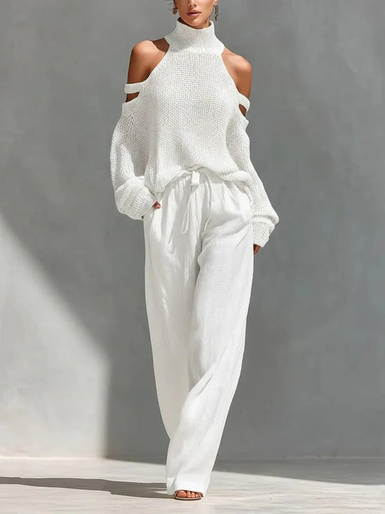 Camila | Conjunto elegante en punto y lino con pantalón amplio - RivenaModa