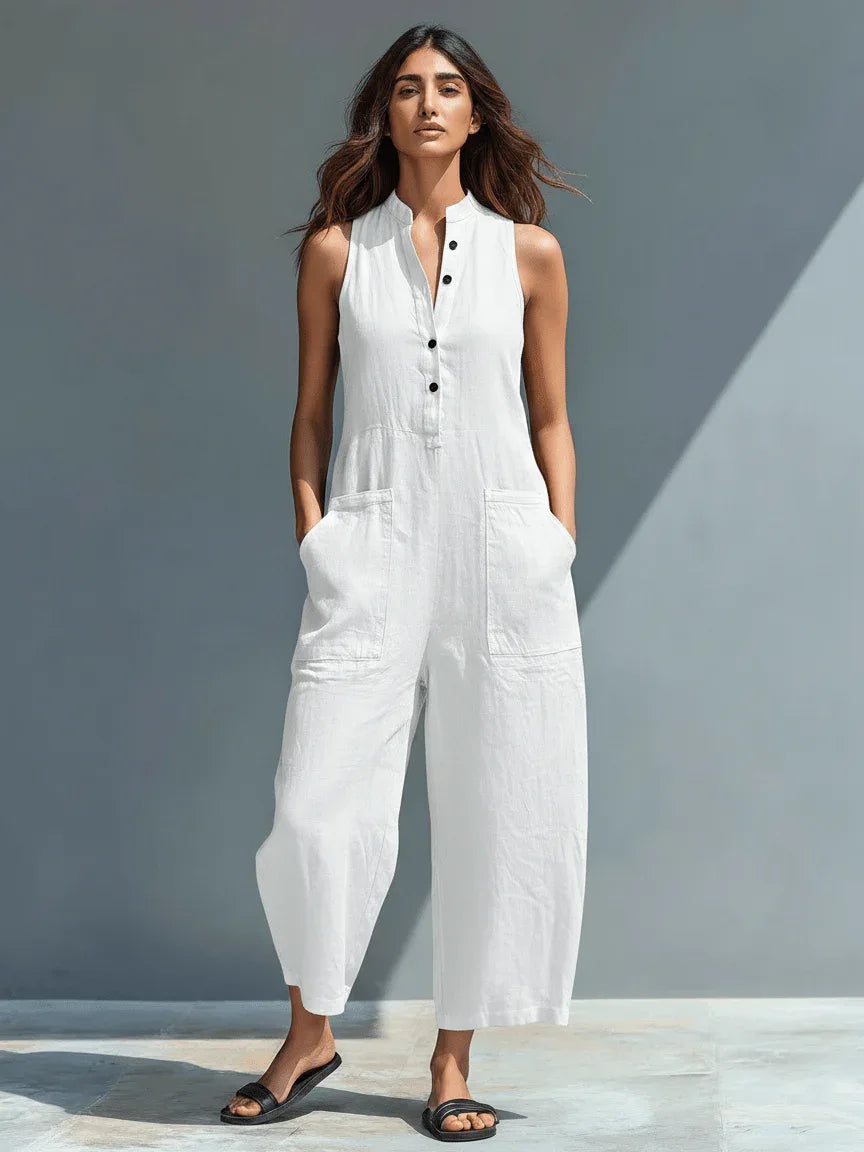 Claudia | Mono minimalista de lino para mujer, sin mangas, cuello alto y botones - RivenaModa