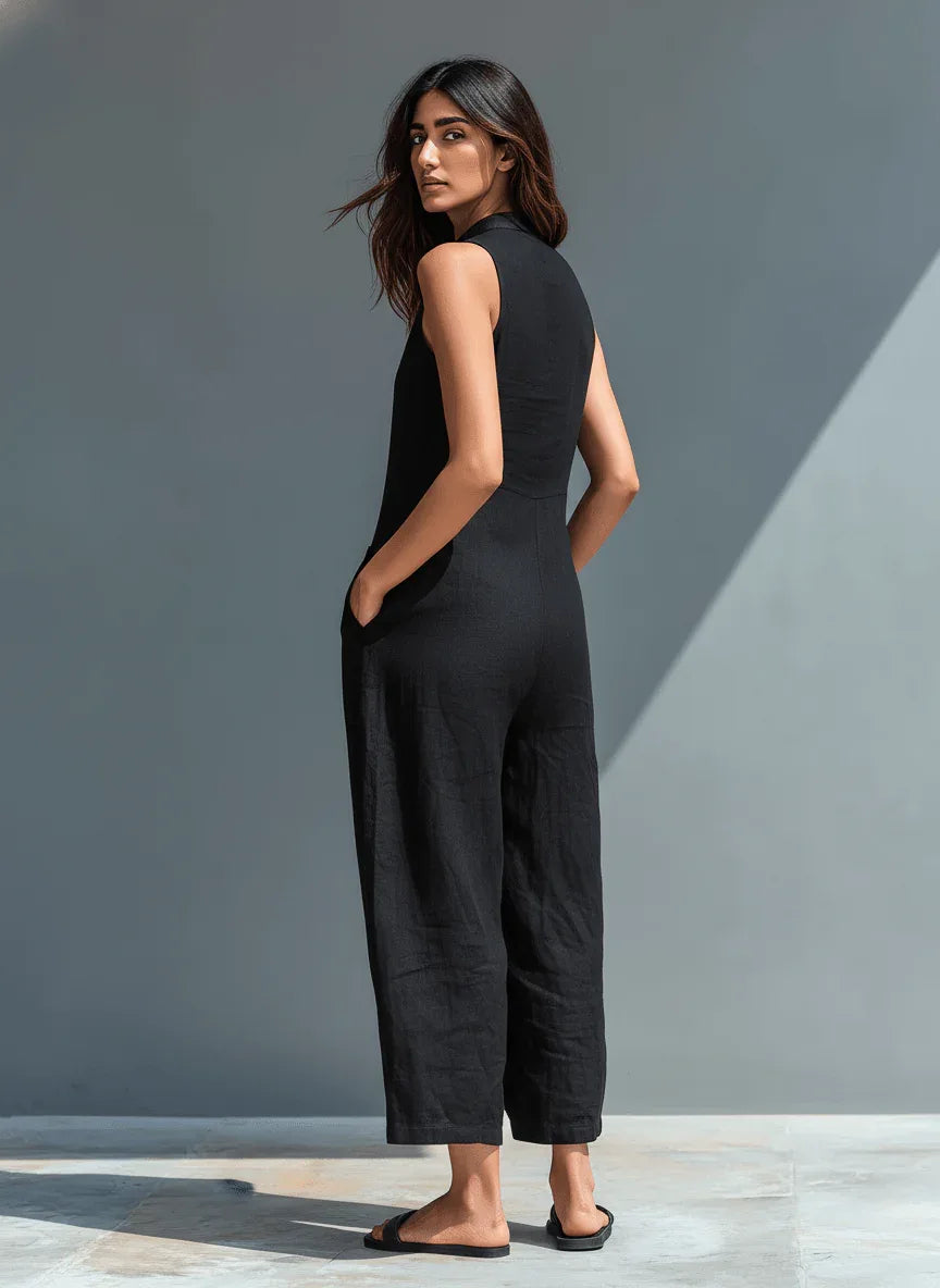 Claudia | Mono minimalista de lino para mujer, sin mangas, cuello alto y botones - RivenaModa