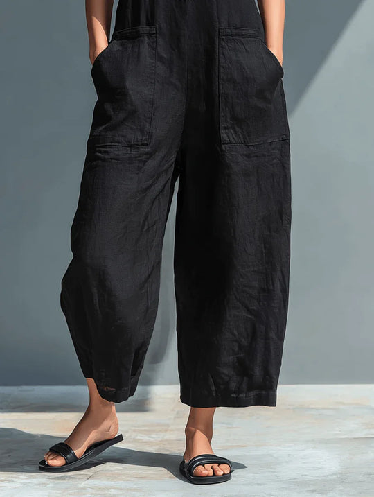 Claudia | Mono minimalista de lino para mujer, sin mangas, cuello alto y botones - RivenaModa