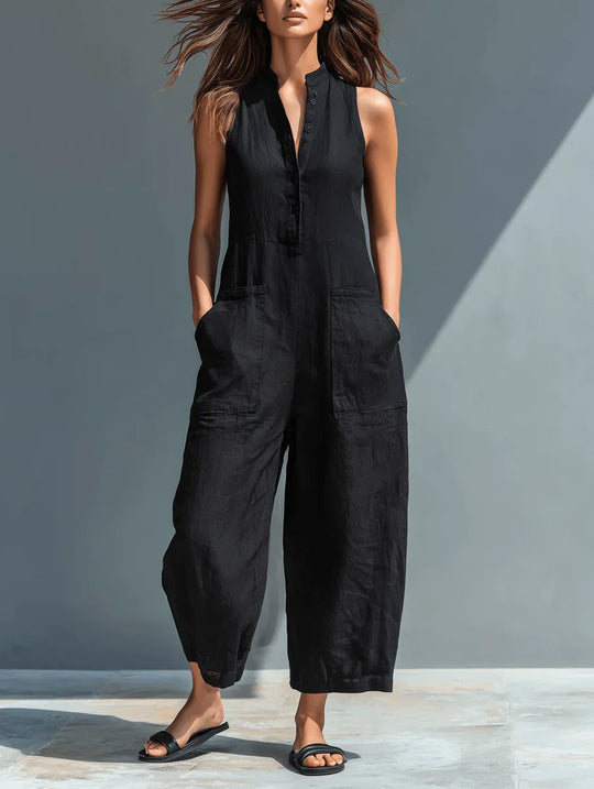 Claudia | Mono minimalista de lino para mujer, sin mangas, cuello alto y botones - RivenaModa