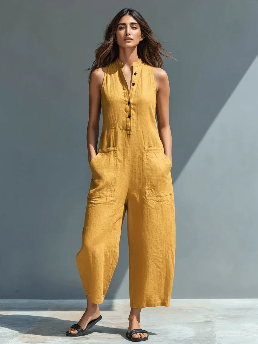 Claudia | Mono minimalista de lino para mujer, sin mangas, cuello alto y botones - RivenaModa