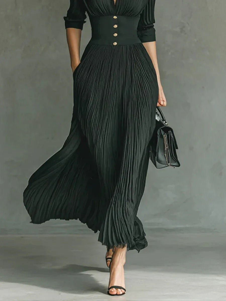 Elvira | Vestido largo plisado con solapa y cintura alta - RivenaModa