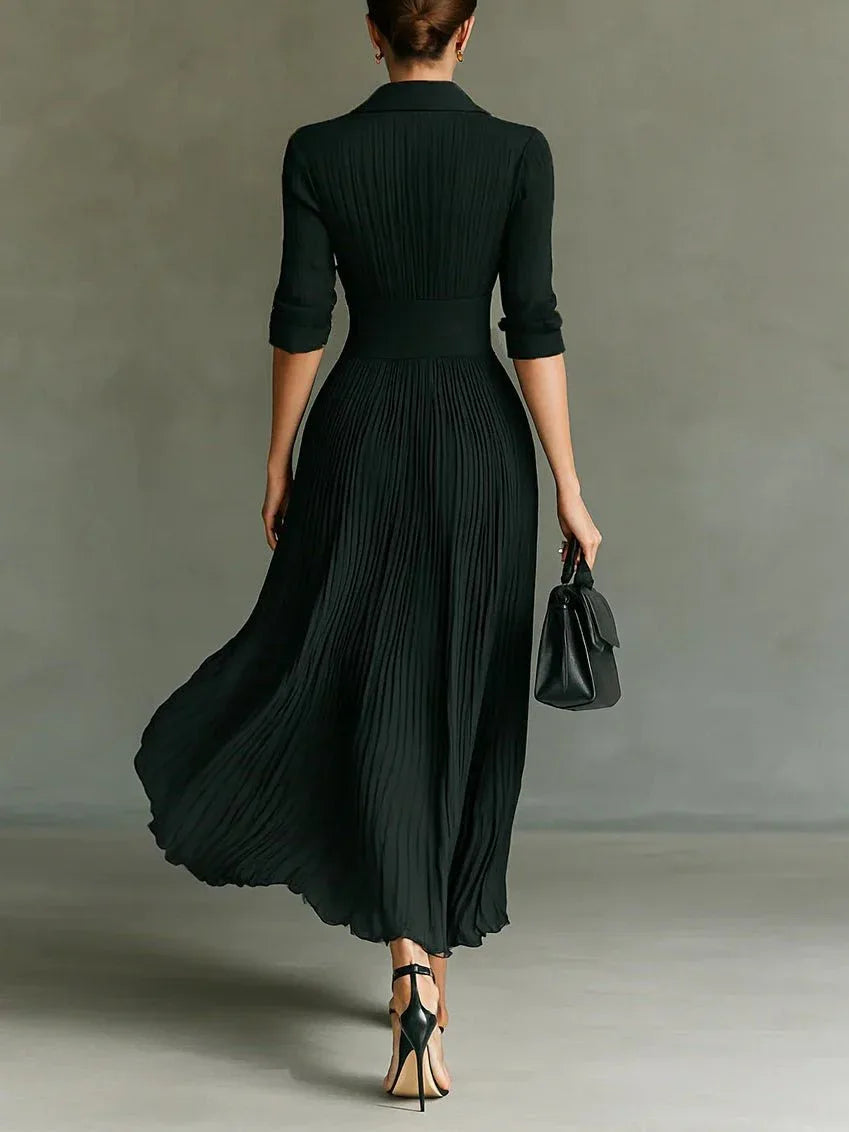 Elvira | Vestido largo plisado con solapa y cintura alta - RivenaModa