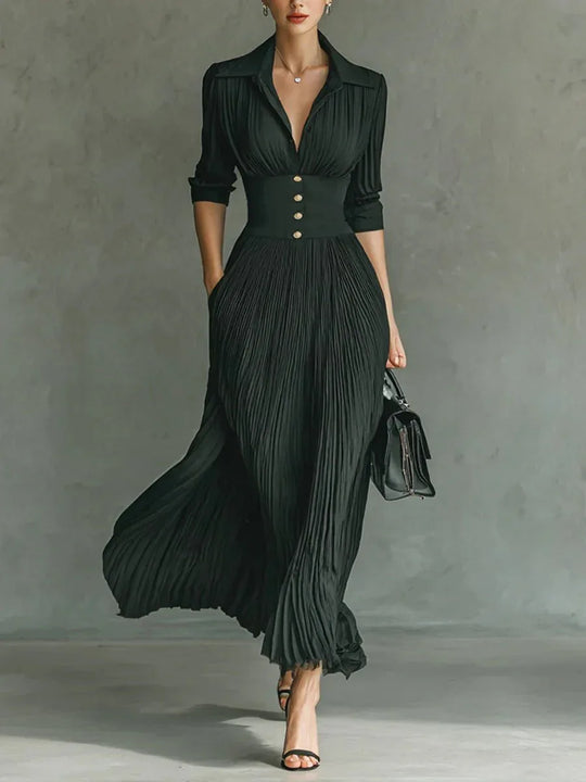 Elvira | Vestido largo plisado con solapa y cintura alta - RivenaModa