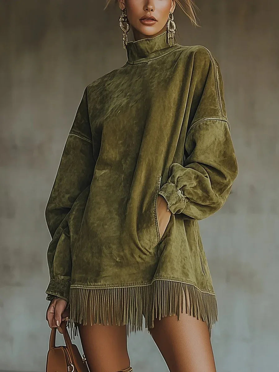 Gabriela | Vestido de ante con cuello alto y flecos - RivenaModa