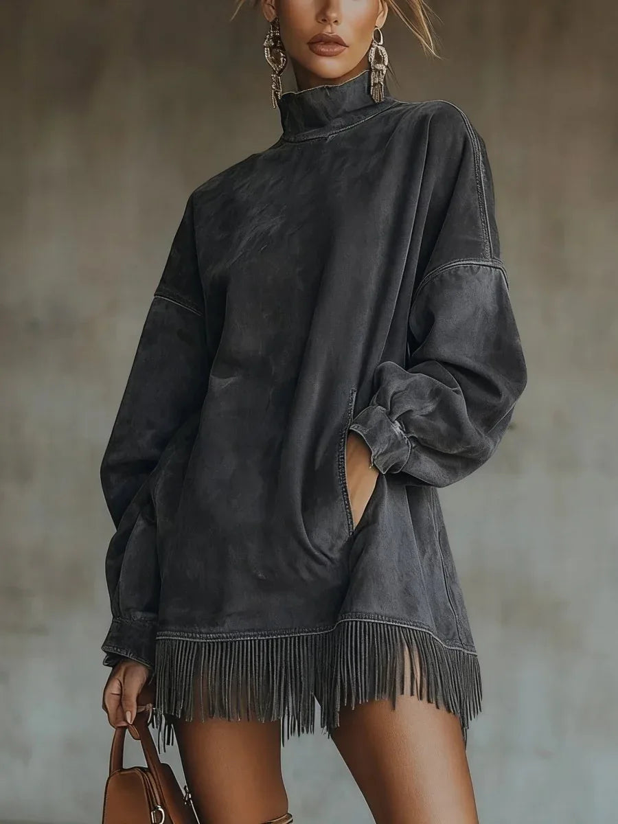 Gabriela | Vestido de ante con cuello alto y flecos - RivenaModa