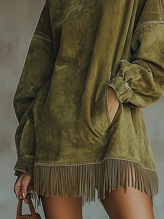 Gabriela | Vestido de ante con cuello alto y flecos - RivenaModa