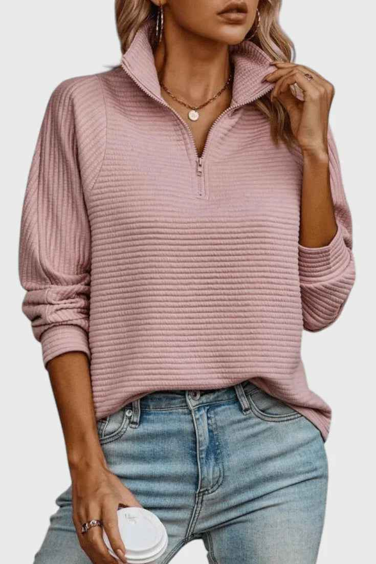 Helene Jersey de Cuello en V con Cremallera y Manga Larga