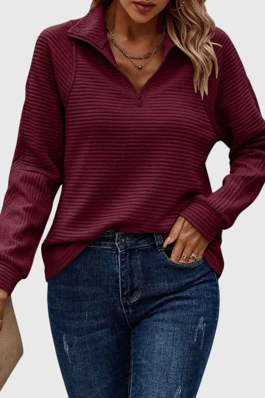 Helene Jersey de Cuello en V con Cremallera y Manga Larga