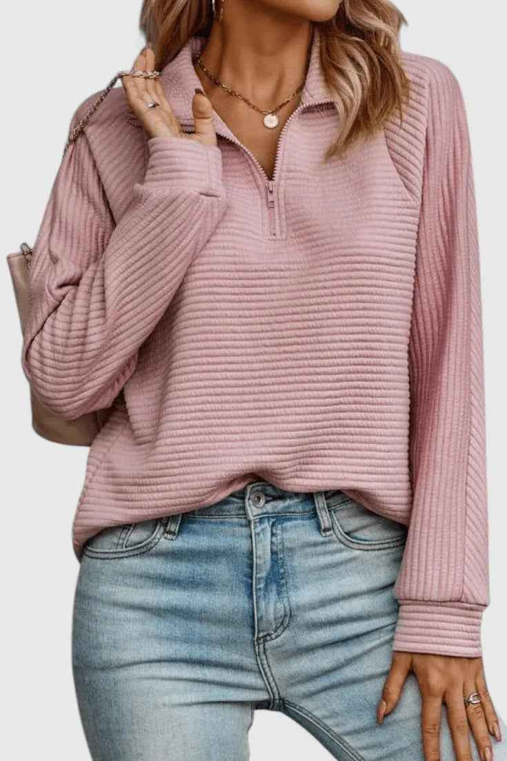 Helene Jersey de Cuello en V con Cremallera y Manga Larga