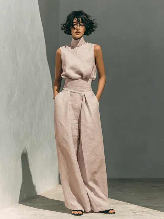 Inés | Conjunto minimalista de lino con top sin mangas y pantalón amplio - RivenaModa
