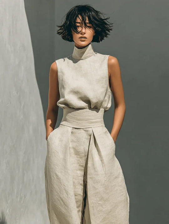 Inés | Conjunto minimalista de lino con top sin mangas y pantalón amplio - RivenaModa
