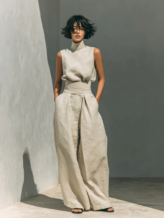 Inés | Conjunto minimalista de lino con top sin mangas y pantalón amplio - RivenaModa