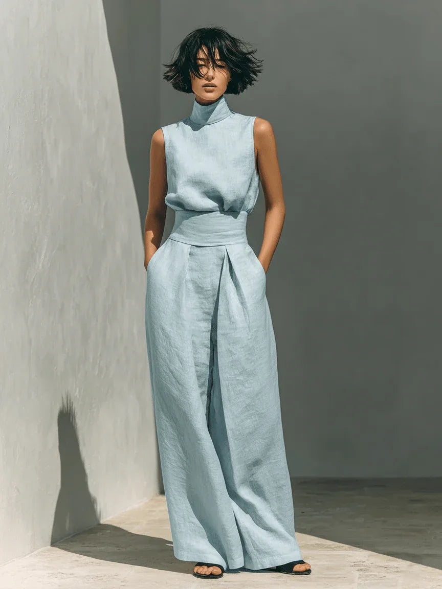 Inés | Conjunto minimalista de lino con top sin mangas y pantalón amplio - RivenaModa