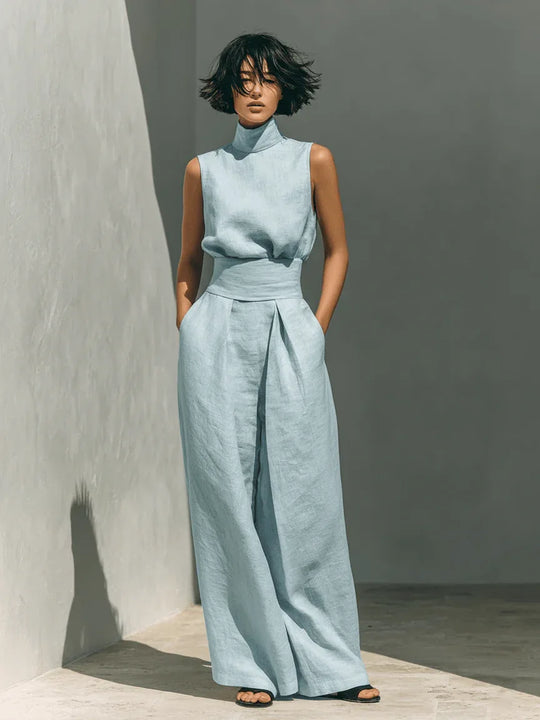 Inés | Conjunto minimalista de lino con top sin mangas y pantalón amplio - RivenaModa